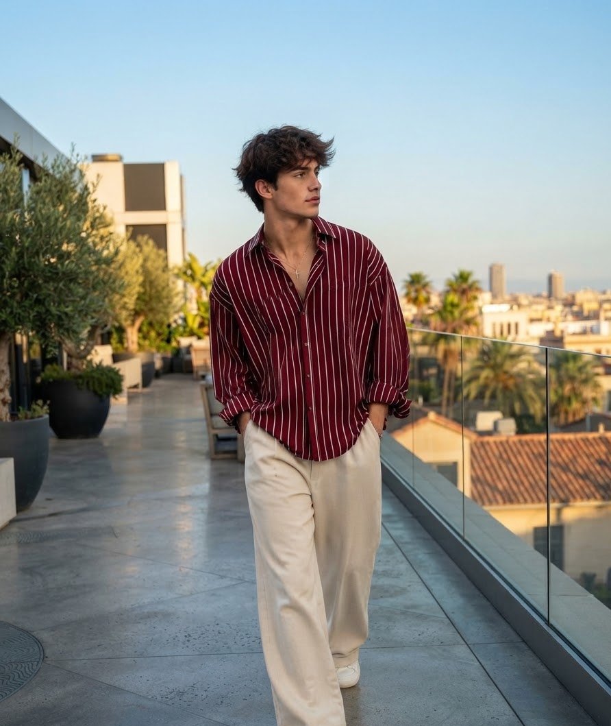 Burgundy Vertical Striped Cotton Shirt - view 2